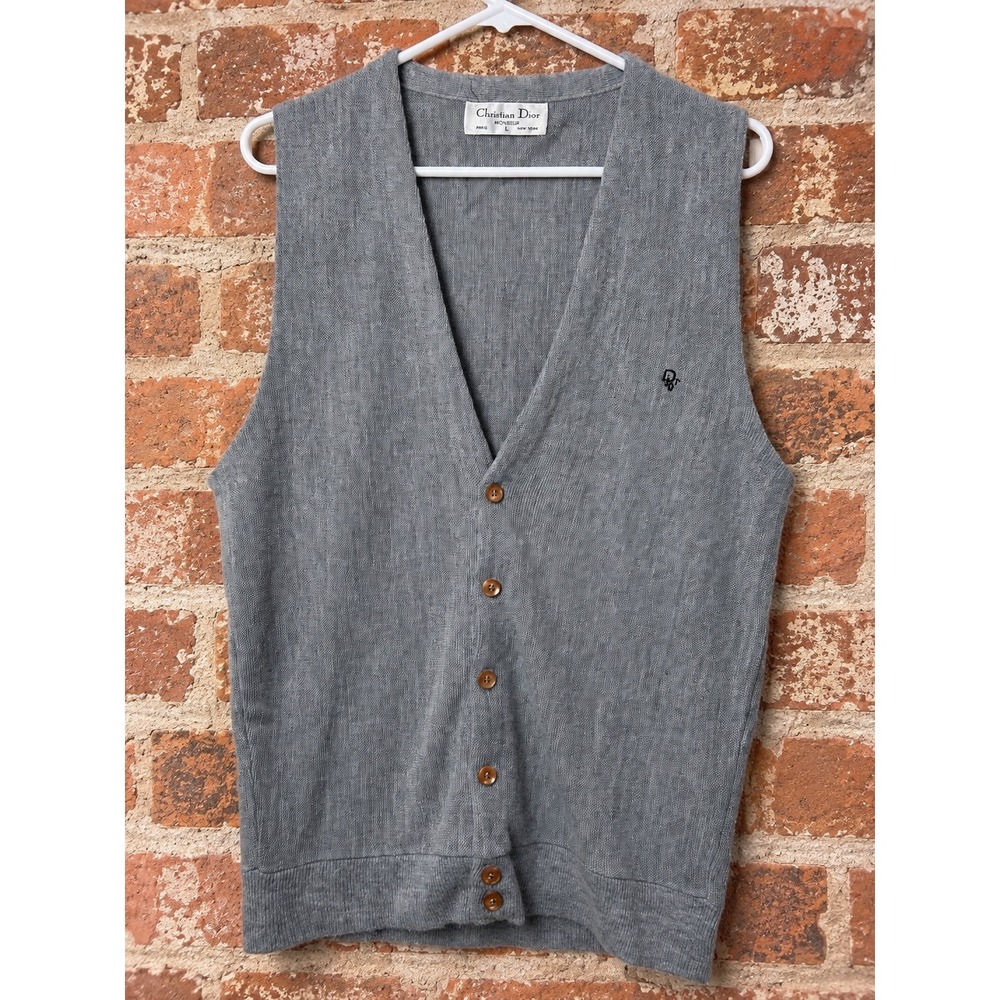 Christian Dior Monsieur Vintage Gray Knit Cardigan Vest Orlon Acrylic Mens L